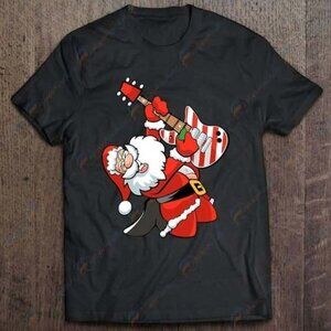 Santa Guitar Player Christmas Music Rock Holiday Graphic T-Shirt